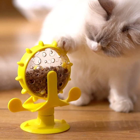 distributeur de croquettes pour chat roulette jouet jaune avec chat