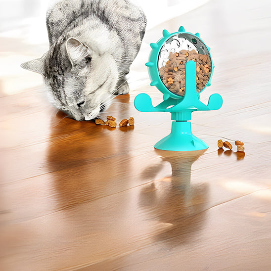 distributeur de croquettes pour chat roulette jouet turquoise avec chat