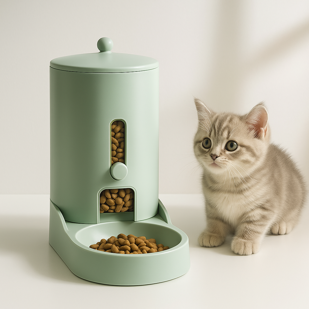 distributeur de croquette pour chat vert avec petit chaton