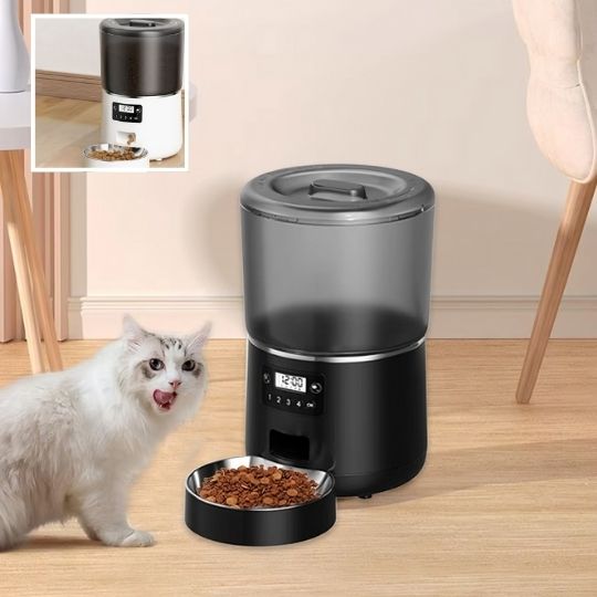 distributeur de croquettes CleanBO noir avec petit chat