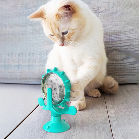 distributeur de croquettes pour chat roulette jouet verte avec chat qui joue