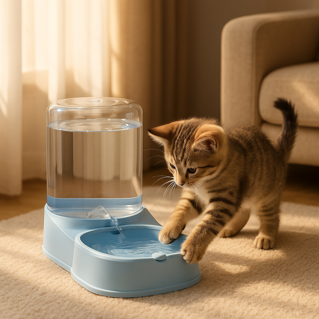 fontaine a eau pour chat bleu avec chaton