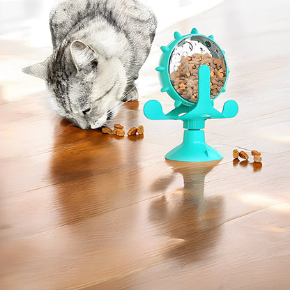 distributeur de croquettes pour chat roulette jouet turquoise avec chat